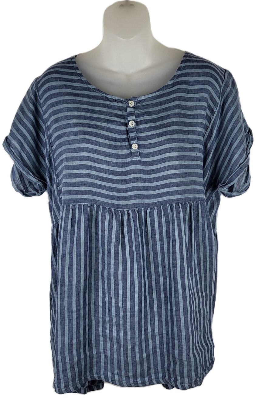 Free People x CP Shades SOME LIKE IT STRIPED 100% Linen Babydoll Blue Tunic M